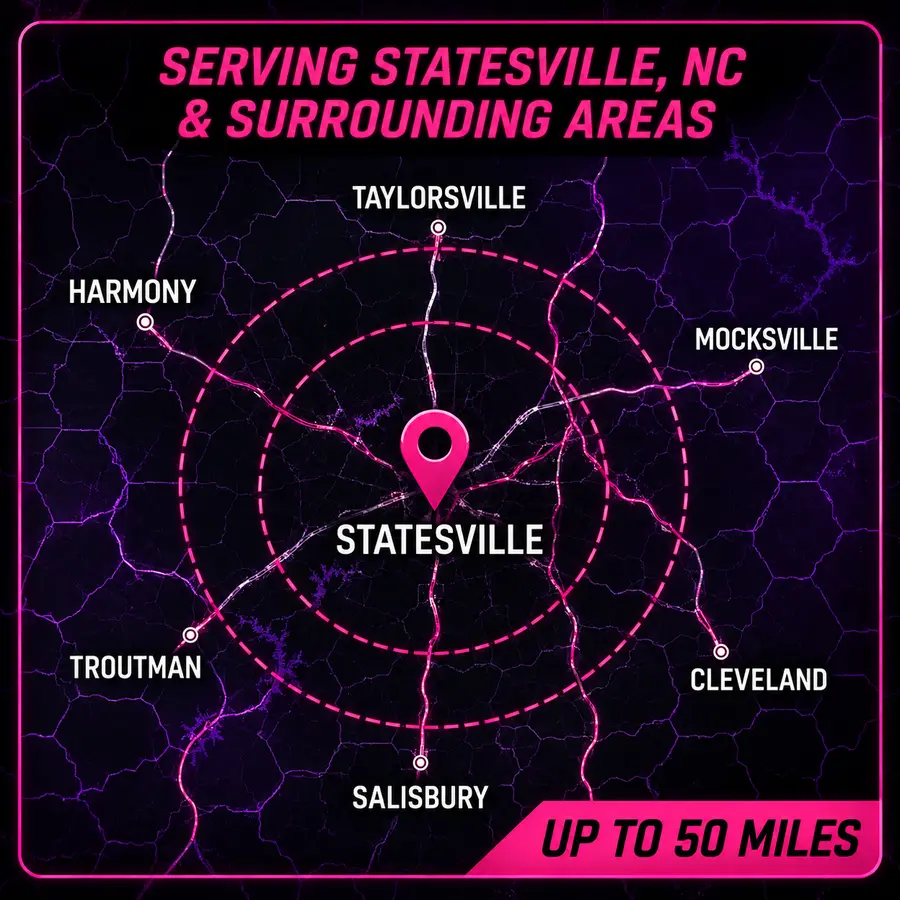 WGM service area map showing an up-to-50-mile radius around Statesville, North Carolina